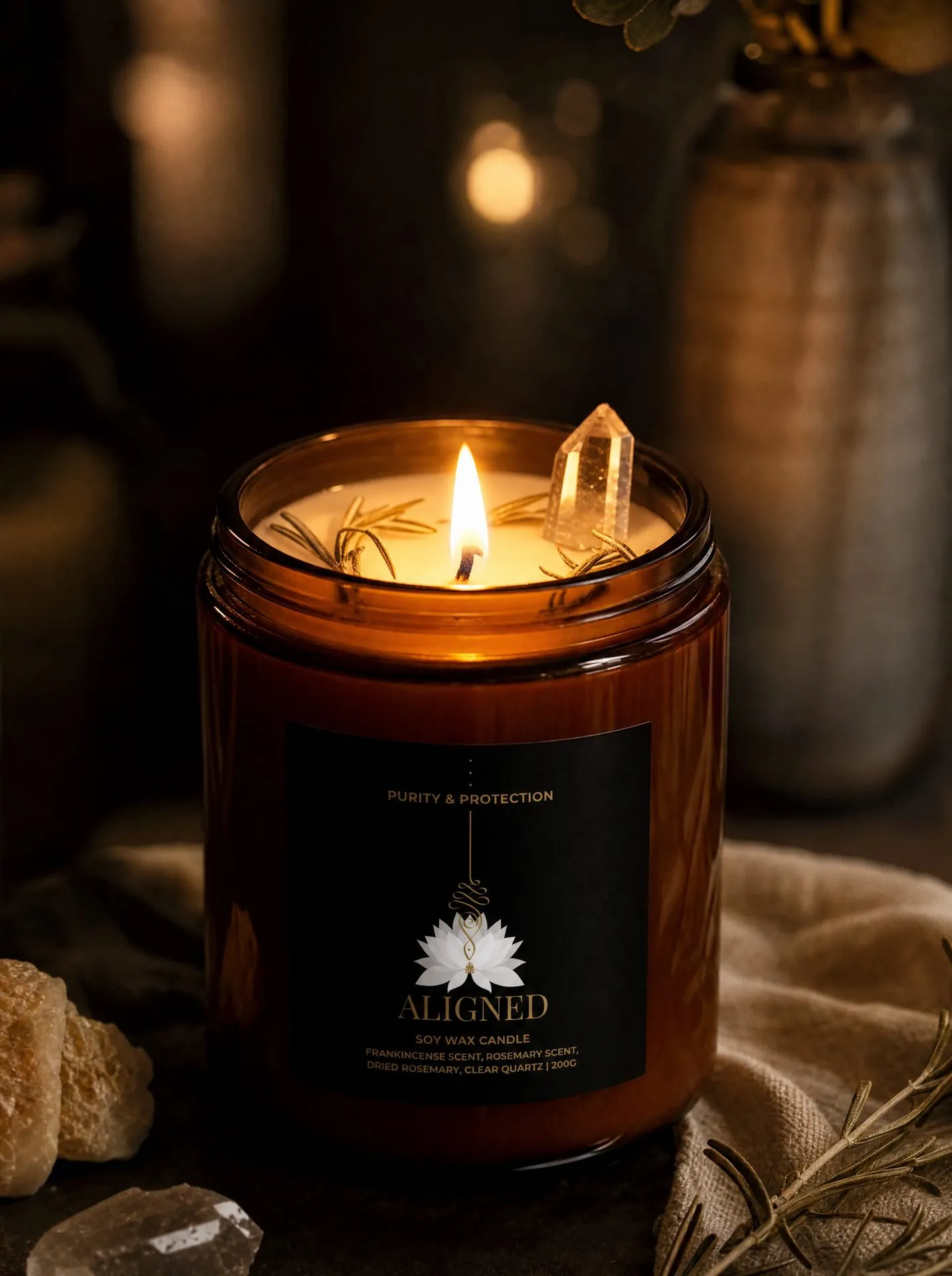 Purity & Protection candle, lit in low light